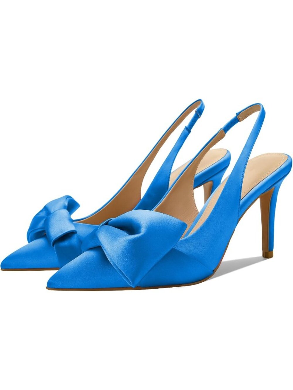 Women's Satin Blue Slingback Heels with Bow Pointed Toe Pumps Elasticated Strap